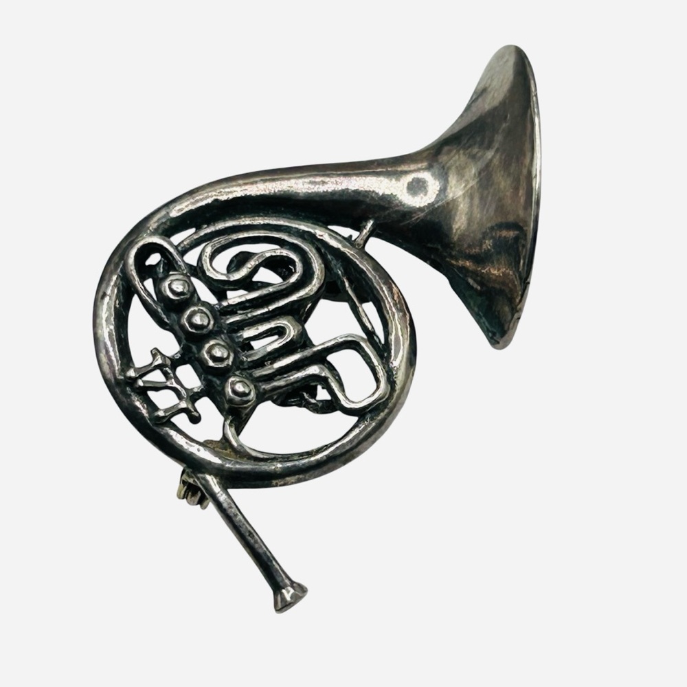 Vintage Sterling Silver French Horn Musical Instrument Brooch